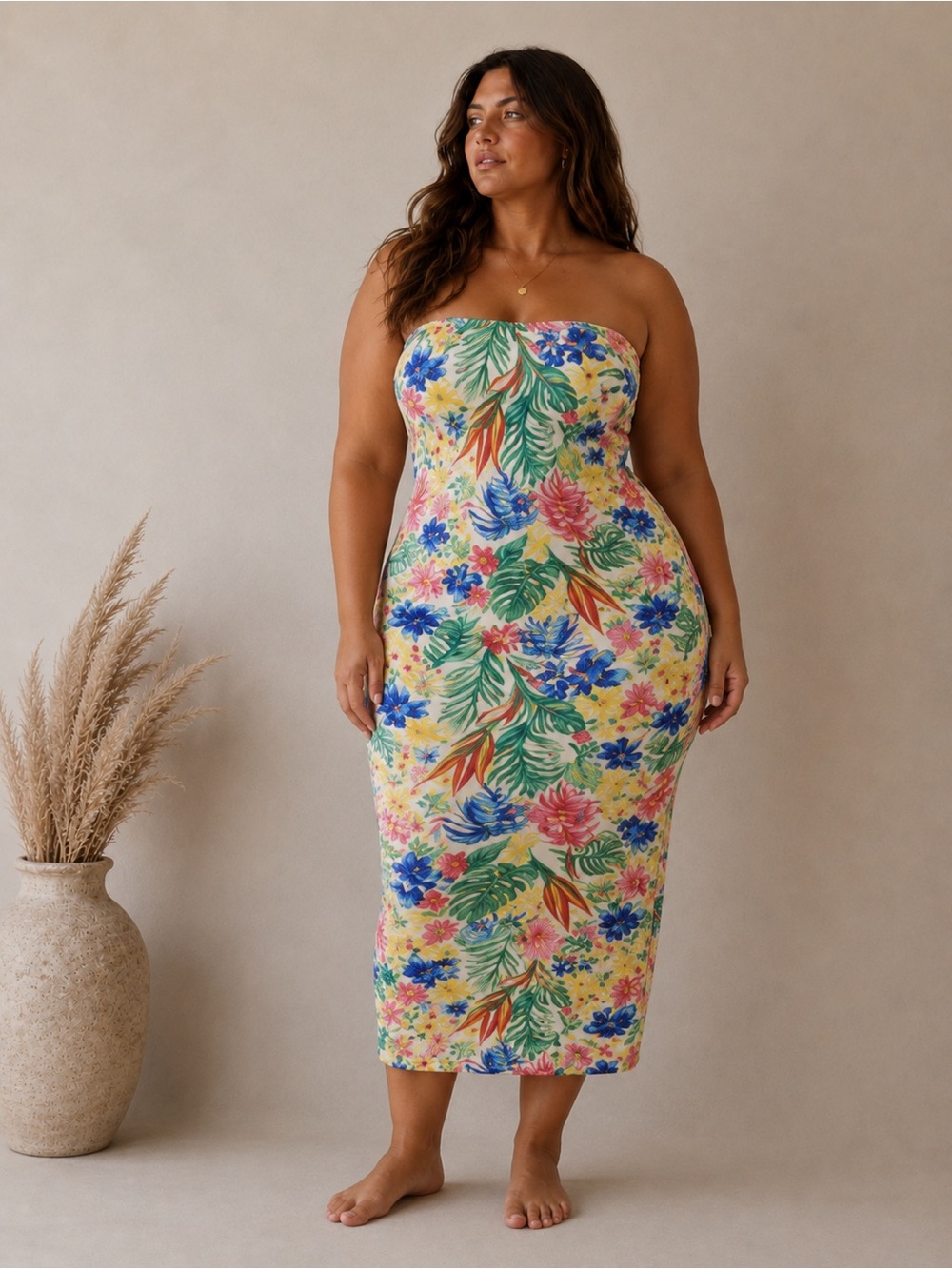 Floral Strapless Bodycon tropical floral Dress fit XL